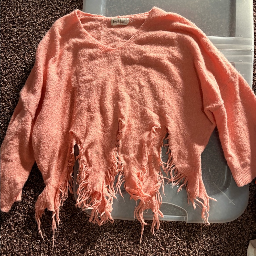 Peach Love California Women's Coral Distressed V-Neck Sweater